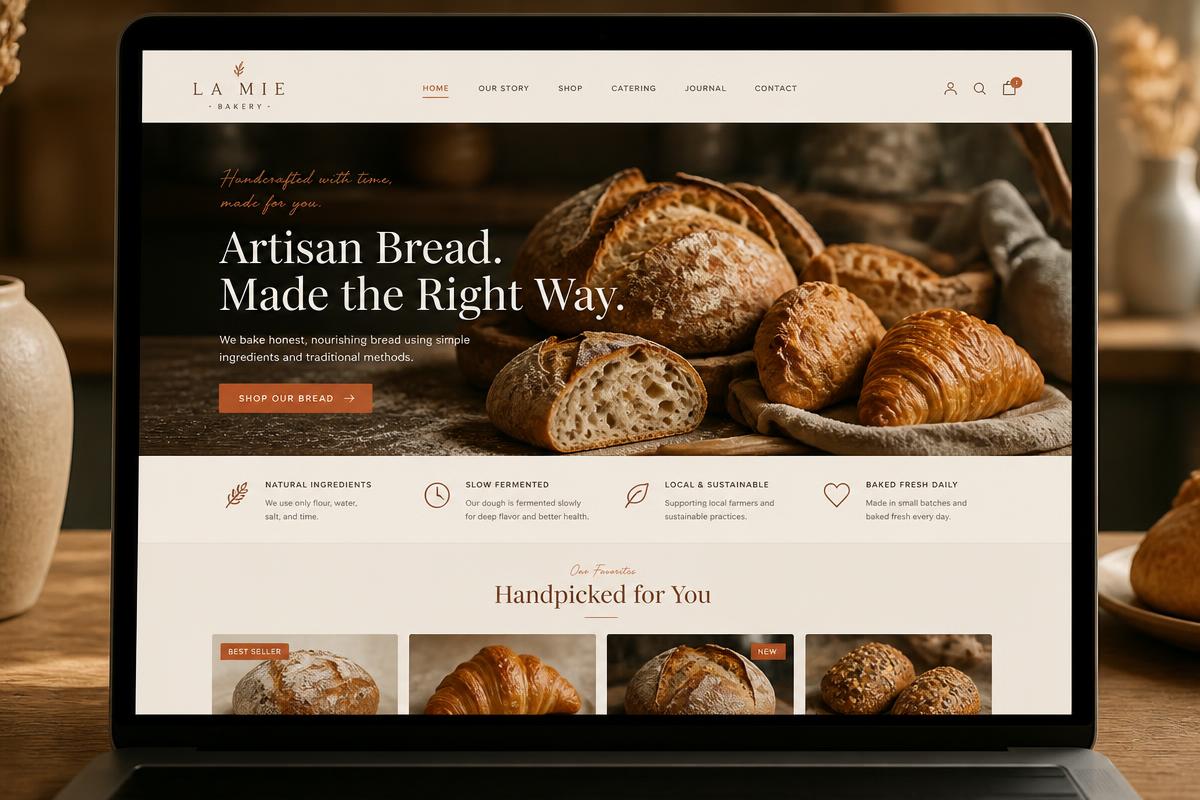 Village Bakery & Cafe website design with rustic bread photography